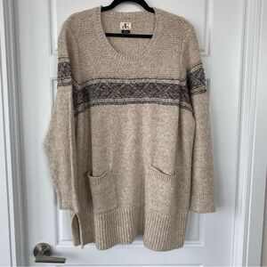 Beige Crew Neck Sweater with Gray Accents